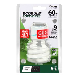 13W CFL 2700K GU24 Base 60W Equal 120V